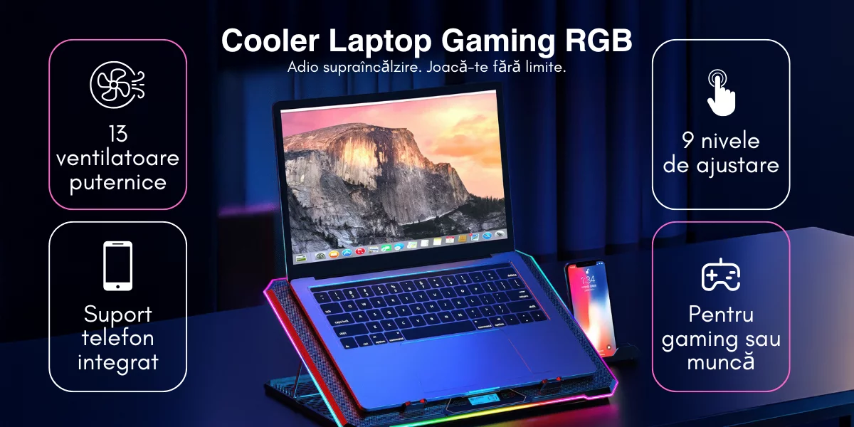 Cooler Laptop Gaming RGB si Suport Laptop 