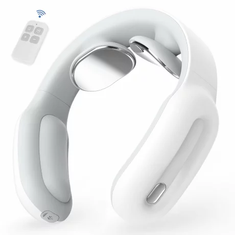 Aparat de Masaj Cervical Profesional cu Impulsuri Electromagnetice VENTLEX, diferite nivele de intensitate pentru durerile de gat si spate, Incalzire, Telecomanda, Portabil, USB, Alb