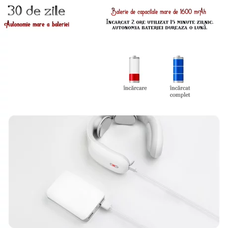 Aparat de Masaj Cervical Profesional cu Impulsuri Electromagnetice VENTLEX, diferite nivele de intensitate pentru durerile de gat si spate, Incalzire, Telecomanda, Portabil, USB, Alb