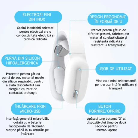 Aparat de Masaj Cervical Profesional cu Impulsuri Electromagnetice VENTLEX, diferite nivele de intensitate pentru durerile de gat si spate, Incalzire, Telecomanda, Portabil, USB, Alb