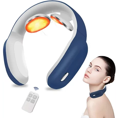 Aparat de Masaj Cervical Profesional cu Impulsuri Electromagnetice VENTLEX, diferite nivele de intensitate pentru durerile de gat si spate, Incalzire, Telecomanda, Portabil, USB, Albastru