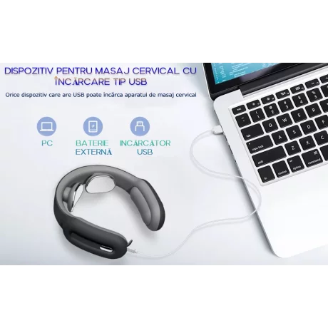 Aparat de Masaj Cervical Profesional cu Impulsuri Electromagnetice VENTLEX, diferite nivele de intensitate pentru durerile de gat si spate, Incalzire, Telecomanda, Portabil, USB, Albastru