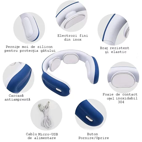 Aparat de Masaj Cervical Profesional cu Impulsuri Electromagnetice VENTLEX, diferite nivele de intensitate pentru durerile de gat si spate, Incalzire, Telecomanda, Portabil, USB, Albastru