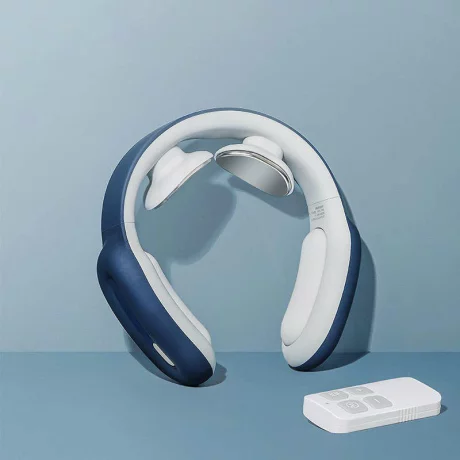 Aparat de Masaj Cervical Profesional cu Impulsuri Electromagnetice VENTLEX, diferite nivele de intensitate pentru durerile de gat si spate, Incalzire, Telecomanda, Portabil, USB, Albastru