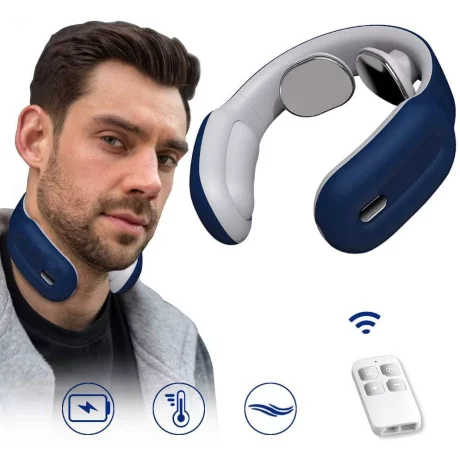 Aparat de Masaj Cervical Profesional cu Impulsuri Electromagnetice VENTLEX, diferite nivele de intensitate pentru durerile de gat si spate, Incalzire, Telecomanda, Portabil, USB, Albastru