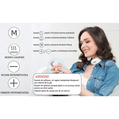 Aparat de Masaj Cervical Profesional cu Impulsuri Electromagnetice VENTLEX, diferite nivele de intensitate pentru durerile de gat si spate, Incalzire, Telecomanda, Portabil, USB, Albastru
