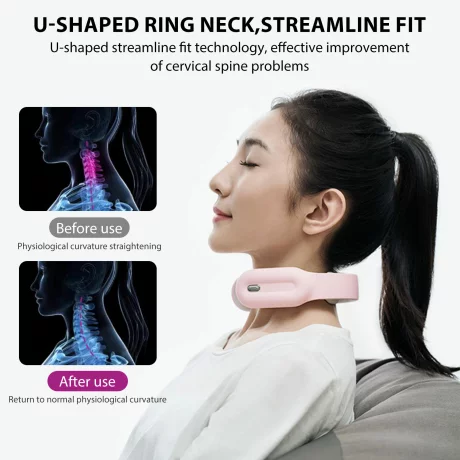 Aparat de Masaj Cervical Profesional cu Impulsuri Electromagnetice VENTLEX, diferite nivele de intensitate pentru durerile de gat si spate, Incalzire, Telecomanda, Portabil, USB, Roz