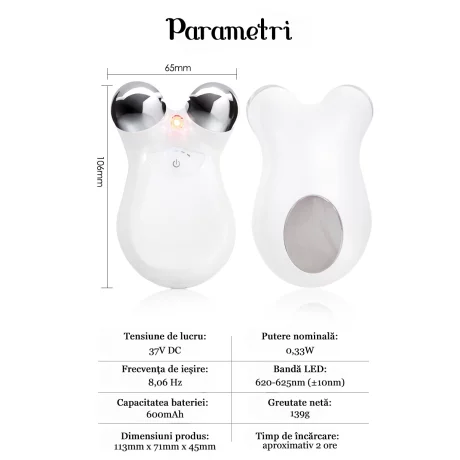 Aparat Pentru Tratament Facial cu Microcurenti Ventlex® pentru Lifting Facial 3D si Intinerirea Pielii, Luminozitate si Remodelare, Antirid, Portabil, Alb
