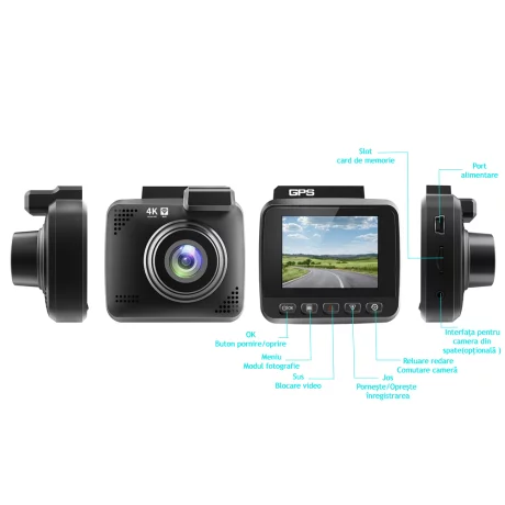 Camera auto de bord 4K ultra HD, Ventlex® Super night vision cu WiFi, GPS si unghi mare de filmare 170 ˚, rezolutie 3840x2160p 30fps, G-Senzor, Negru