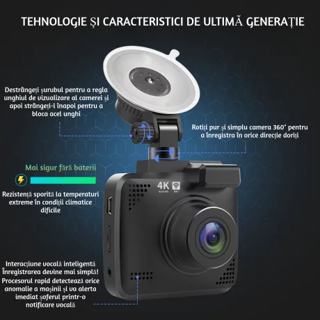 Camera auto de bord 4K ultra HD, Ventlex® Super night vision cu WiFi, GPS si unghi mare de filmare 170 ˚, rezolutie 3840x2160p 30fps, G-Senzor, Negru