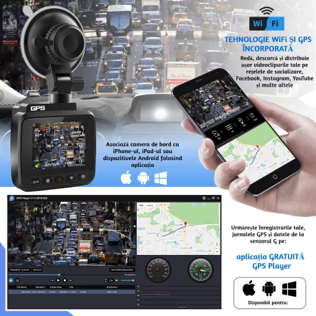 Camera auto de bord 4K ultra HD, Ventlex® Super night vision cu WiFi, GPS si unghi mare de filmare 170 ˚, rezolutie 3840x2160p 30fps, G-Senzor, Negru