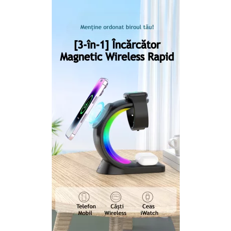 Incarcator Wireless 3 in 1 cu Lumini RGB VENTLEX, Tip statie de Incarcare Telefon, Casti si Ceas, Fast Charge 15W, incarcare magnetica Magsafe, Compatibil cu  iPhone, Airpods, Apple Watch, Android, Huawei, Xiaomi, Negru