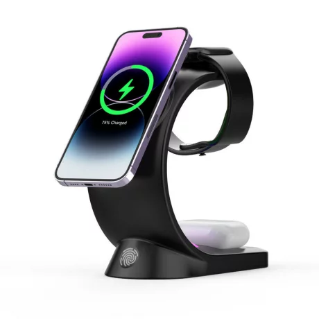 Incarcator Wireless 3 in 1 cu Lumini RGB VENTLEX, Tip statie de Incarcare Telefon, Casti si Ceas, Fast Charge 15W, incarcare magnetica Magsafe, Compatibil cu  iPhone, Airpods, Apple Watch, Android, Huawei, Xiaomi, Negru