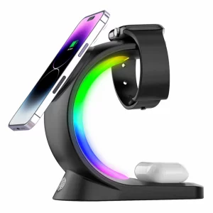 Incarcator Wireless 3 in 1 cu Lumini RGB VENTLEX, Tip statie de Incarcare Telefon, Casti si Ceas, Fast Charge 15W, incarcare magnetica Magsafe, Compatibil cu  iPhone, Airpods, Apple Watch, Android, Huawei, Xiaomi, Negru