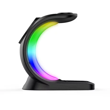 Incarcator Wireless 3 in 1 cu Lumini RGB VENTLEX, Tip statie de Incarcare Telefon, Casti si Ceas, Fast Charge 15W, incarcare magnetica Magsafe, Compatibil cu  iPhone, Airpods, Apple Watch, Android, Huawei, Xiaomi, Negru