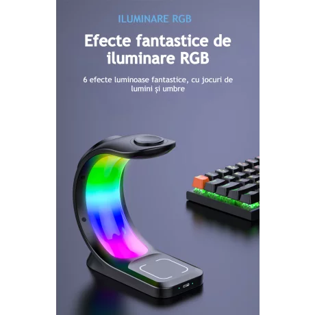 Incarcator Wireless 3 in 1 cu Lumini RGB VENTLEX, Tip statie de Incarcare Telefon, Casti si Ceas, Fast Charge 15W, incarcare magnetica Magsafe, Compatibil cu  iPhone, Airpods, Apple Watch, Android, Huawei, Xiaomi, Negru