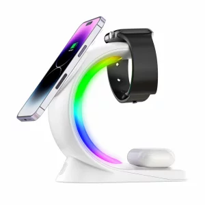 Incarcator Wireless 3 in 1 cu Lumini RGB VENTLEX, Tip statie de Incarcare Telefon, Ceas si casti, Fast Charge 15W, incarcare magnetica Magsafe, Compatibil cu iPhone, Android, Airpods, Apple Watch, Huawei, Xiaomi, Alb