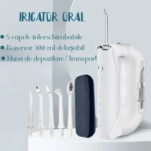 Irigator Oral Profesional pentru Dus Bucal cu 4 moduri de curatare si 5 capete interschimbabile VENTLEX®, Rezervor 300 ml detasabil, Rezistent la apa IPX7, Portabil, Inclus husa de depozitare, Alb
