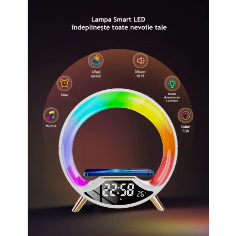 Lampa Smart LED RGB, functie de incarcare Wireless, 15W VENTLEX, lumini ambientale, control tactil, sincronizare muzicala, difuzoare Bluetooth 5W, afisaj ceas digital, temperatura, alb