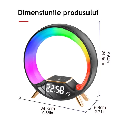 Lampa Smart LED RGB, functie de incarcare Wireless, 15W VENTLEX, lumini ambientale, control tactil, sincronizare muzicala, difuzoare Bluetooth 5W, afisaj ceas digital, temperatura, alb