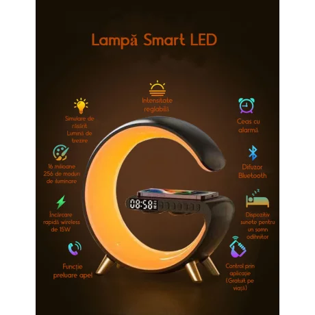 Lampa Smart LED RGB si Incarcator Wireless 15W Ventlex®, Lumini Ambientale, Sincronizare muzicala, Difuzore 3W, Bluetooth, Afisaj Ceas Digital, Alarma plus simulare rasarit, Control prin aplicatie, Negru