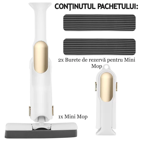 Mini Mop Portabil si Pliabil cu stoarcere automata VENTLEX, Burete de inalta calitate, Spalare umeda sau uscata, Potrivit pentru Geamuri, Blaturi, Bucatari, Bai, 2 bureti inclusi, Alb