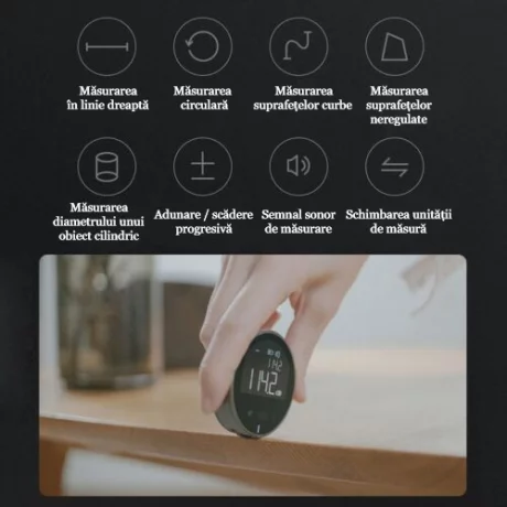 Ruleta Electrica Rotunda Digitala Ventlex®, cu ecran LCD, incarcare USB Type-C, pentru suprafete plate, curbate sau pentru croitori, 200 mAh, Portabila, Neagra