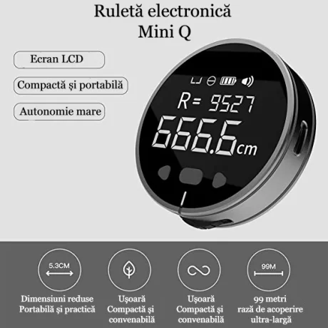 Ruleta Electrica Rotunda Digitala Ventlex®, cu ecran LCD, incarcare USB Type-C, pentru suprafete plate, curbate sau pentru croitori, 200 mAh, Portabila, Neagra