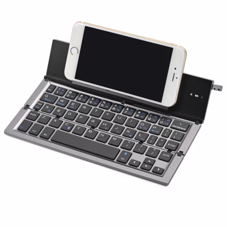 Tastatura Pliabila Super Slim, Portabila cu Suport pentru Tablete si Telefoane, conectivitate Bluetooth, Compatibila cu Android / iOS / Windows din aliaj de aluminiu, Gri