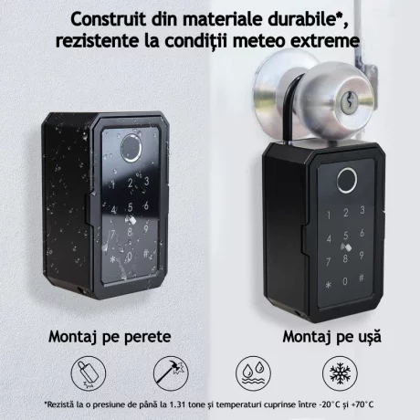 Cutie Metalica Pentru Chei si Obiecte de Valoare Smart VENTLEX, Cifru Digital, Cu 4 Modalitati de Blocare/Deblocare, Aplicatie de la Distanta, Amprenta, Parola si Card, Portabil sau cu Montare pe Perete, Negru