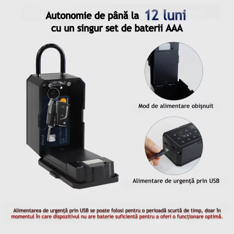 Cutie Metalica Pentru Chei si Obiecte de Valoare Smart VENTLEX, Cifru Digital, Cu 4 Modalitati de Blocare/Deblocare, Aplicatie de la Distanta, Amprenta, Parola si Card, Portabil sau cu Montare pe Perete, Negru