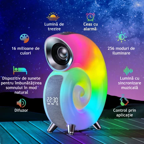 Lampa Muzicala LED RGB VENTLEX, Lumini Ambientale, Sincronizare muzicala, Difuzor Surround 360°, Bluetooth, Afisaj Ceas Digital, Alarma, Control prin aplicatie, Alb-Gri