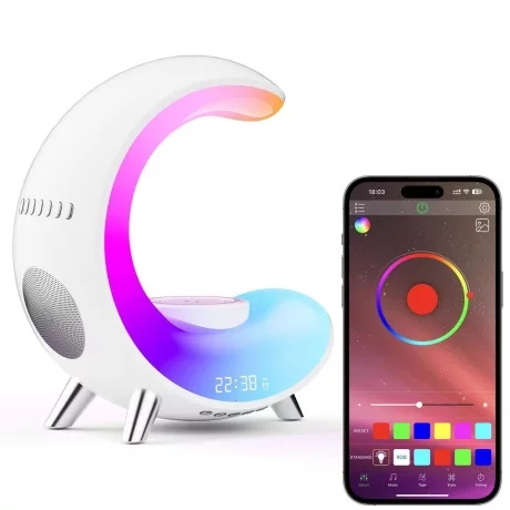 Lampa Smart LED RGB Multifunctionala si Incarcator Wireless 15W VENTLEX, App Control, Difuzore Bluetooth, Afisaj ceas digital, Sunete Relaxante, Lumini ambientale cu sincronizare muzicala, Alb