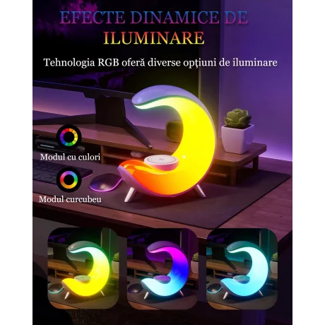 Lampa Smart LED RGB Multifunctionala si Incarcator Wireless 15W VENTLEX, App Control, Difuzore Bluetooth, Afisaj ceas digital, Sunete Relaxante, Lumini ambientale cu sincronizare muzicala, Alb