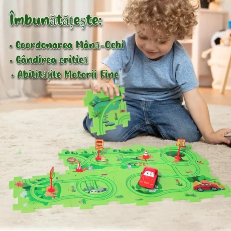 Puzzle Multifunctional Educational Pentru Copii, VENTLEX, Model Pista Masinuta Rosie, +3, Verde