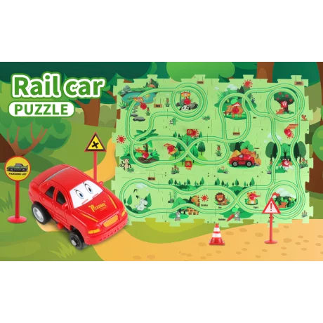 Puzzle Multifunctional Educational Pentru Copii, VENTLEX, Model Pista Masinuta Rosie, +3, Verde