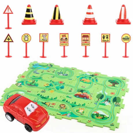 Puzzle Multifunctional Educational Pentru Copii, VENTLEX, Model Pista Masinuta Rosie, +3, Verde