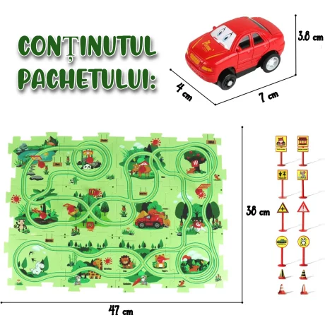 Puzzle Multifunctional Educational Pentru Copii, VENTLEX, Model Pista Masinuta Rosie, +3, Verde