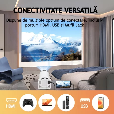 Videoproiector Portabil VENTLEX, Full HD, Android 11.0, 120 ANSI, WiFi, Bluetooth 5.0, Difuzor Incorporat, Proiectie Ajustabila pana la 130” Inch, Cadru Rotativ 180 de grade, Alb