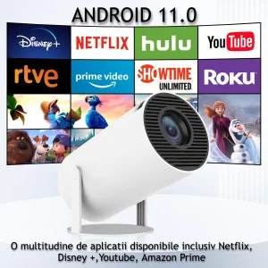 Videoproiector Portabil VENTLEX, Full HD, Android 11.0, 120 ANSI, WiFi, Bluetooth 5.0, Difuzor Incorporat, Proiectie Ajustabila pana la 130” Inch, Cadru Rotativ 180 de grade, Alb