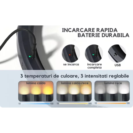 Lampa pentru citit cu pozitionare pe gat, Multifunctionala, Confortabila pentru ochi, 3 Tipuri de Lumina LED, 3 nivele de intensitate ajustabile, Brate Flexibile, Incarcare USB, pentru Cititori pasionati, Reparat, Tricotat, Capming, Alergari Nocturne, Gri