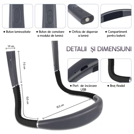 Lampa pentru citit cu pozitionare pe gat, Multifunctionala, Confortabila pentru ochi, 3 Tipuri de Lumina LED, 3 nivele de intensitate ajustabile, Brate Flexibile, Incarcare USB, pentru Cititori pasionati, Reparat, Tricotat, Capming, Alergari Nocturne, Gri