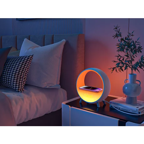 Lampa Smart LED RGB Multifunctionala si Incarcator Wireless 15W, App Control, Difuzor Bluetooth, Control vocal, tactil, Sunete Relaxante, Afisaj ceas digital, Alarma duala cu simulare rasarit, Lumini ambientale cu sincronizare muzicala, Afisaj Meteo, Alb