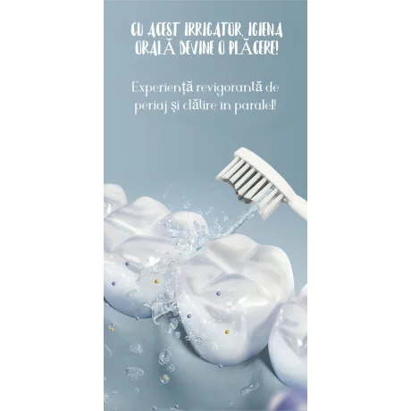 Irigator Oral Profesional pentru Dus Bucal cu 4 moduri de curatare si 5 capete interschimbabile VENTLEX®, Rezervor 300 ml detasabil, Rezistent la apa IPX7, Portabil, Inclus husa de depozitare, Alb