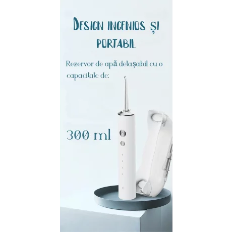 Irigator Oral Profesional pentru Dus Bucal cu 4 moduri de curatare si 5 capete interschimbabile VENTLEX®, Rezervor 300 ml detasabil, Rezistent la apa IPX7, Portabil, Inclus husa de depozitare, Alb