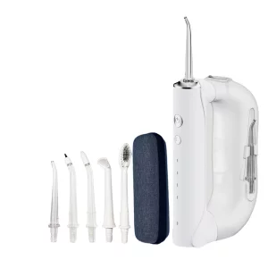 Irigator Oral Profesional pentru Dus Bucal cu 4 moduri de curatare si 5 capete interschimbabile VENTLEX®, Rezervor 300 ml detasabil, Rezistent la apa IPX7, Portabil, Inclus husa de depozitare, Alb