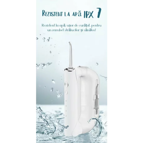 Irigator Oral Profesional pentru Dus Bucal cu 4 moduri de curatare si 5 capete interschimbabile VENTLEX®, Rezervor 300 ml detasabil, Rezistent la apa IPX7, Portabil, Inclus husa de depozitare, Alb