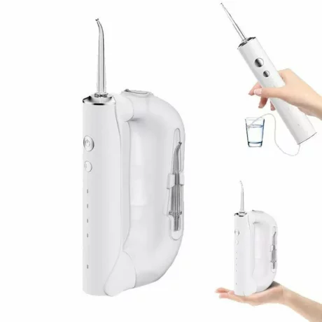 Irigator Oral Profesional pentru Dus Bucal cu 4 moduri de curatare si 5 capete interschimbabile VENTLEX®, Rezervor 300 ml detasabil, Rezistent la apa IPX7, Portabil, Inclus husa de depozitare, Alb
