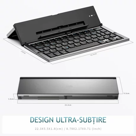 Tastatura Pliabila Super Slim, Portabila cu Suport pentru Tablete si Telefoane, conectivitate Bluetooth, Compatibila cu Android / iOS / Windows din aliaj de aluminiu, Gri