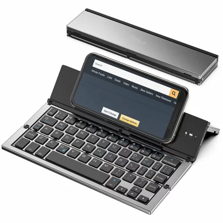 Tastatura Pliabila Super Slim, Portabila cu Suport pentru Tablete si Telefoane, conectivitate Bluetooth, Compatibila cu Android / iOS / Windows din aliaj de aluminiu, Gri